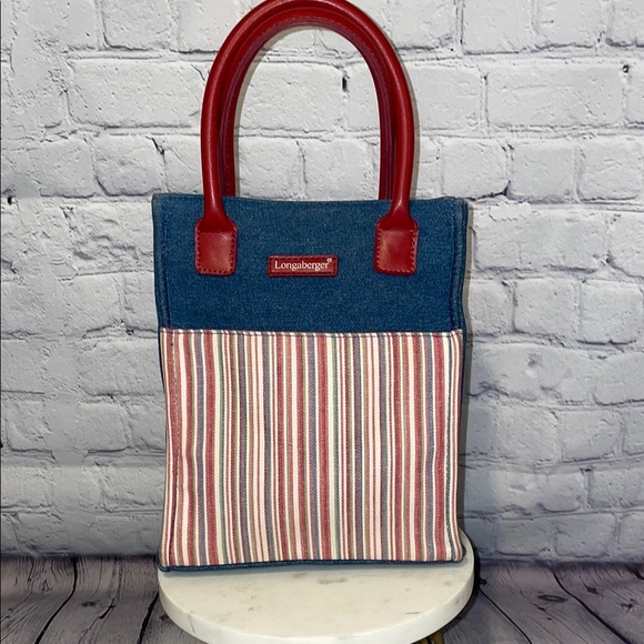 Longaberger Red and Blue Striped Tote Denim - Picture 1 of 8